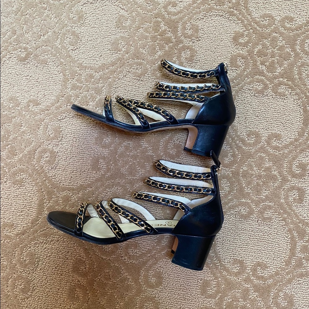 Chanel classic black and gold leather chain heeled sandals size 38 - Picture 3 of 13